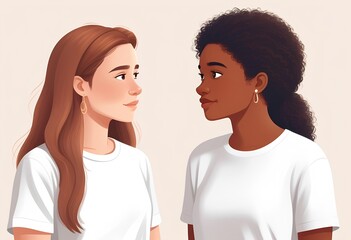 Two diverse women in white t-shirts looking at each other with a neutral background