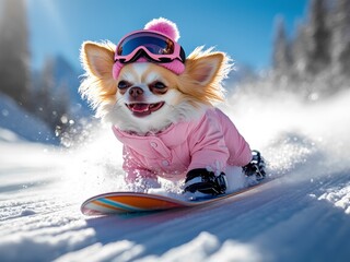 A happy chihuahua in pink gear snowboarding down a snowy slope