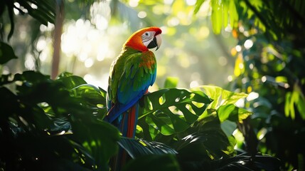 Obraz premium Colorful Macaw Parrot Perched Among Green Leaves in Lush Jungle