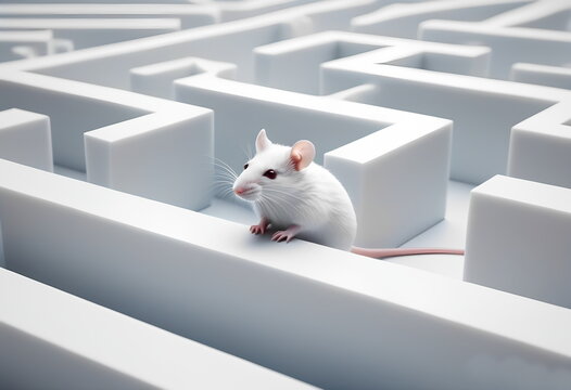 A white mouse navigates through a complex and winding maze