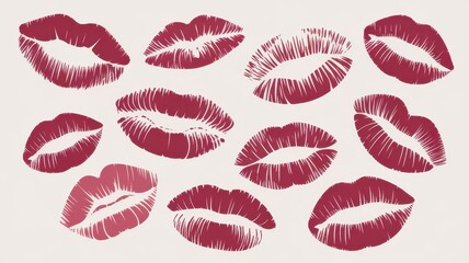 A vibrant collection of artistic lip prints in various shades of red and pink, showcasing bold, expressive designs on a soft background.