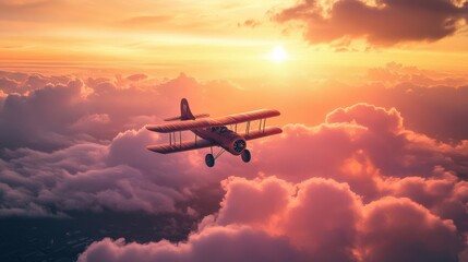 A Vintage Airplane Flying Through Colorful Clouds at Sunset