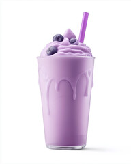 A creamy purple blueberry smoothie served in a glass, topped with fresh blueberries and a vibrant straw