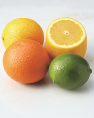 An assortment of fresh citrus fruits including oranges, lemons, limes, and grapefruit on a white background