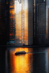 New York City Dawn Skyline with Soft Golden Sunlight Reflecting on Glass Skyscrapers, Serene East River, and a Small Ferry Crossing, Cinematic and Realistic Photograph with Moody Atmosphere