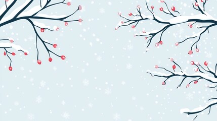 Snow-covered branches with red berries, snow falling, background design use