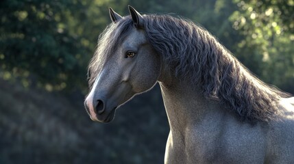 Fototapeta premium The horse stands proudly, showcasing its graceful features and developing mane. Sunlight filters through nearby trees, highlighting its elegant posture and expressive eyes