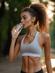 Young woman drinks water during outdoor workout