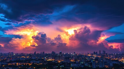 Dramatic city skyline at twilight with vibrant storm clouds and lightning.