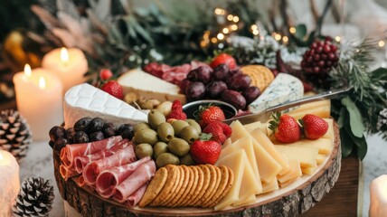 Fototapeta premium A beautifully arranged charcuterie board featuring a variety of cheeses, grapes, crackers, and meats, perfect for a festive gathering.
