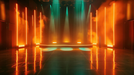 Vibrant orange and teal stage lights create an immersive performance environment