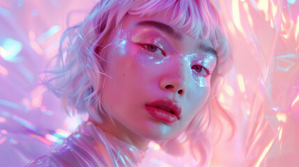 Naklejka premium Glamorous portrait of a model with vibrant pink makeup and futuristic style