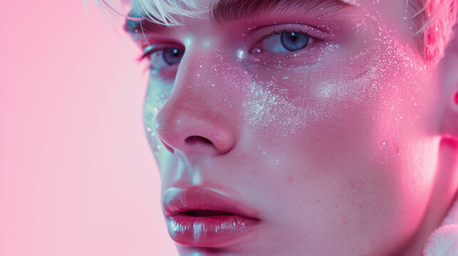 Bold pink makeup highlights delicate features of a male model in futuristic fashion setting