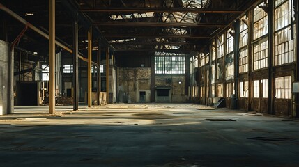 Empty, sunlit industrial warehouse interior; grunge, aged, brick walls, high ceilings, large windows, dusty floor.