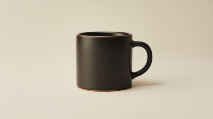 A sleek black ceramic mug with a minimalist design, perfect for coffee or tea lovers, set against a soft beige background.