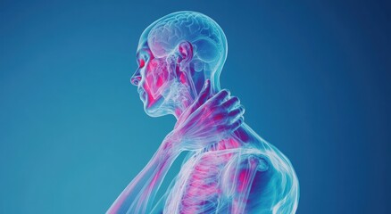 Naklejka premium 3D rendering of human anatomy highlighting neck pain.