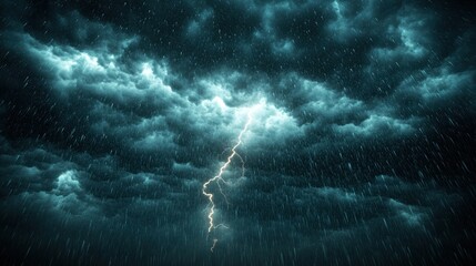 Dramatic lightning strike amidst dark, rainy clouds.