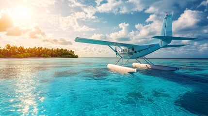 Obraz premium A serene seaplane floating on crystal-clear turquoise waters, surrounded by tropical greenery under a bright sky.