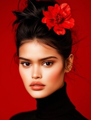 Naklejka premium Woman's Portrait: Red Flower Hair Detail