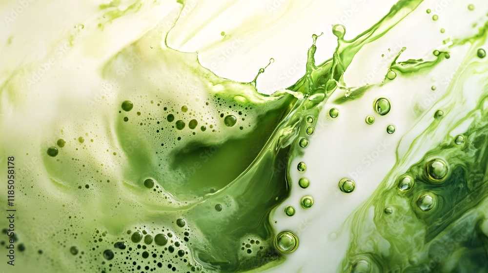 Wall mural abstract green liquid with swirling patterns and bubbles, creating a sense of fluidity and motion.