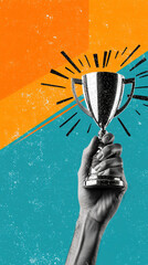  Contemporary artistic collage featuring a hand holding a trophy, symbolizing achievement, success, and victory in a modern, dynamic, and visually engaging style.