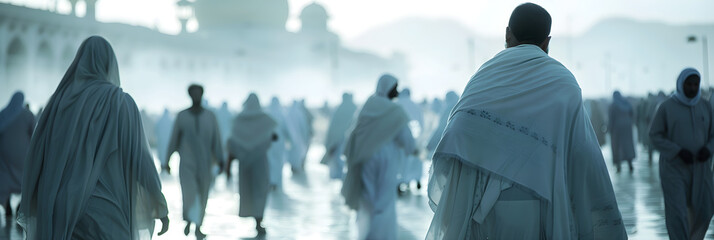 Tranquil Gathering of Devoted Muslim Pilgrims in Ihram Garments Preparing for Hajj - Unity and Equality in Spiritual Journey