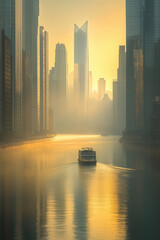 New York City Dawn Skyline with Soft Golden Sunlight Reflecting on Glass Skyscrapers, Serene East River, and a Small Ferry Crossing, Cinematic and Realistic Photograph with Moody Atmosphere