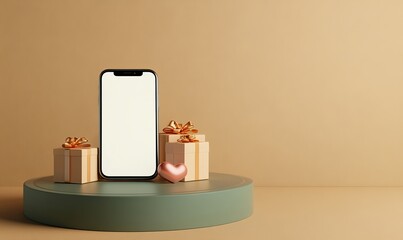 3D Rendering of a Heart Shaped Smartphone Mockup with Valentine Gift Box Theme
