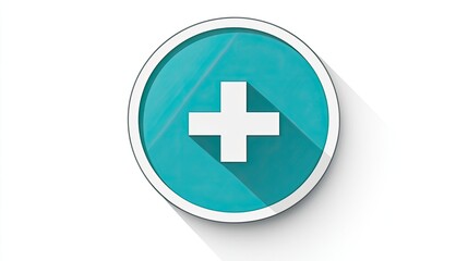 Obraz premium A circular icon featuring a white plus sign on a teal background, symbolizing addition or enhancement.