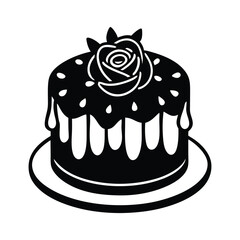 Black and White Cake Silhouette Elegant Dessert Illustration with Dripping Icing and Rose Decoration - Perfect for Bakery Logos, Wedding Themes, Celebration Graphics, and Dessert-Inspired Design
