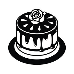 Black and White Cake Silhouette Elegant Dessert Illustration with Dripping Icing and Rose Decoration - Perfect for Bakery Logos, Wedding Themes, Celebration Graphics, and Dessert-Inspired Design