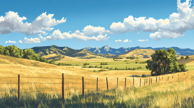 Scenic landscape of rolling hills, vast open spaces, and rustic ranchlands under a bright blue sky in rural garfield county, colorado. Glowwood. Illustration