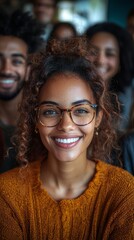 Fototapeta premium Smiling Woman Surrounded by Friends in a Welcoming Social Setting