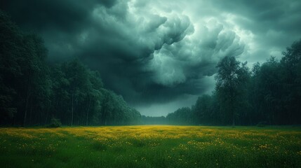 Dramatic stormy weather over a field of yellow flowers in a forest.