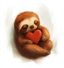 Obraz premium A heartwarming sloth grasping a red valentine heart, with a transparent background - produced by generative AI