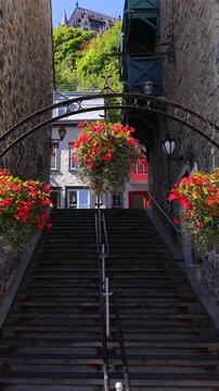 Old Quebec City tourist attractions of Quartier Petit Champlain lower town, shopping district and old French architecture.