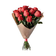 Wrapped Bouquet of Red Roses with Dew Drops on transparent background
