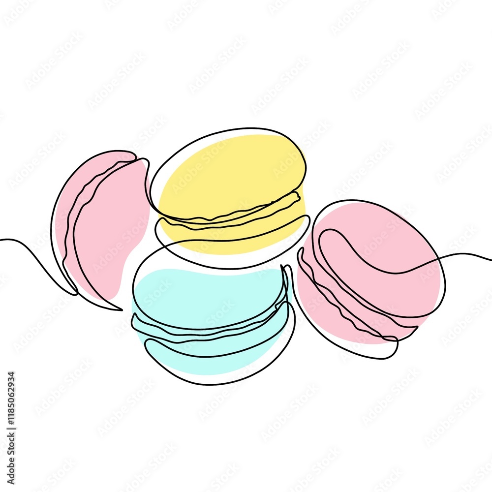 Wall mural Macaroons cookie biscuit line continuous drawing. One line illustration. Hand drawn linear silhouette of macaroons.