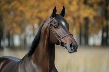 Fototapeta premium A thoroughbred horse stands gracefully, showcasing a glossy coat and attentive expression. The background features soft autumn colors, enhancing the tranquil atmosphere