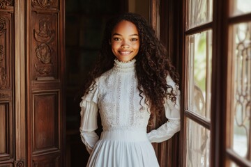 Fototapeta premium Commercial marketing conceptual art. Long hairdo - curly hair. Pretty smiling mixed-race girl - for ads, way poster and internet use. Vibrant hair portrait styles. Long hair commercial.