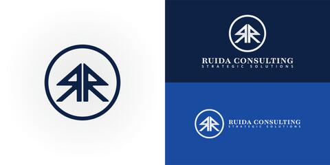 modern and minimalist logo design features a stylized double R shape enclosed within a circle, conveying a sense of unity and completeness. The dark blue color scheme evokes trust and reliability