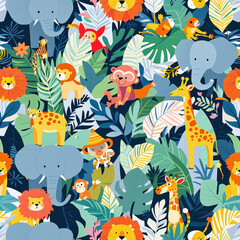 Fototapeta premium Vibrant Jungle Animals Seamless Pattern with Abstract Tropical Leaves