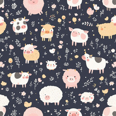 Pastel Doodle Farm Animals Seamless Pattern with Abstract Background Elements