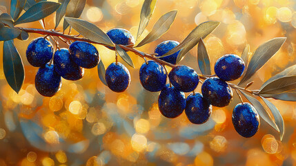 Lush olives glisten under a warm golden glow amidst vibrant textures and shades of nature's palette