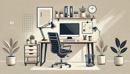 Naklejka premium Minimalistic Office Desk Setup with Ergonomic Chair and Decor