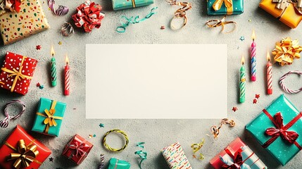 Fototapeta premium A festive arrangement of colorful gifts, candles, and decorations, perfect for celebrations or holiday events.