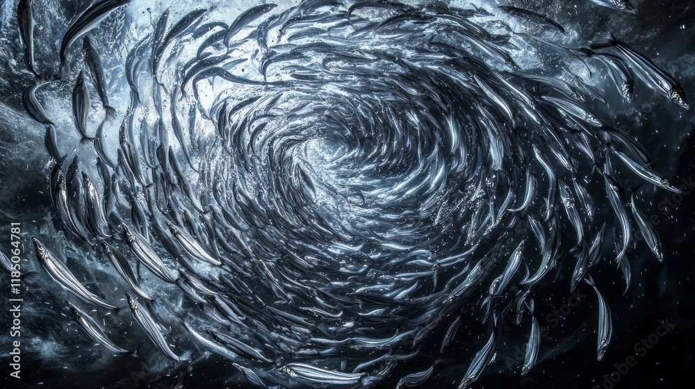 Poster beneath the waves, a vibrant school of sardines forms a stunning whirlpool, dancing gracefully and r