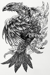 Naklejka premium Phoenix black and white illustration