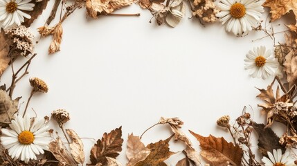A decorative arrangement of dried leaves and daisies framing a blank space, ideal for invitations or nature-themed designs.
