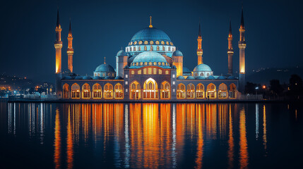 beautiful mosque in the night with reflections on the water. Religious place of worship for Muslims and Islam
